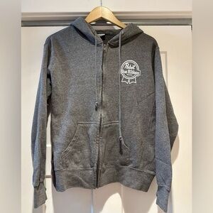 Pabst Blue Ribbon Full Zip Grey Hooded Sweatshirt Size Large